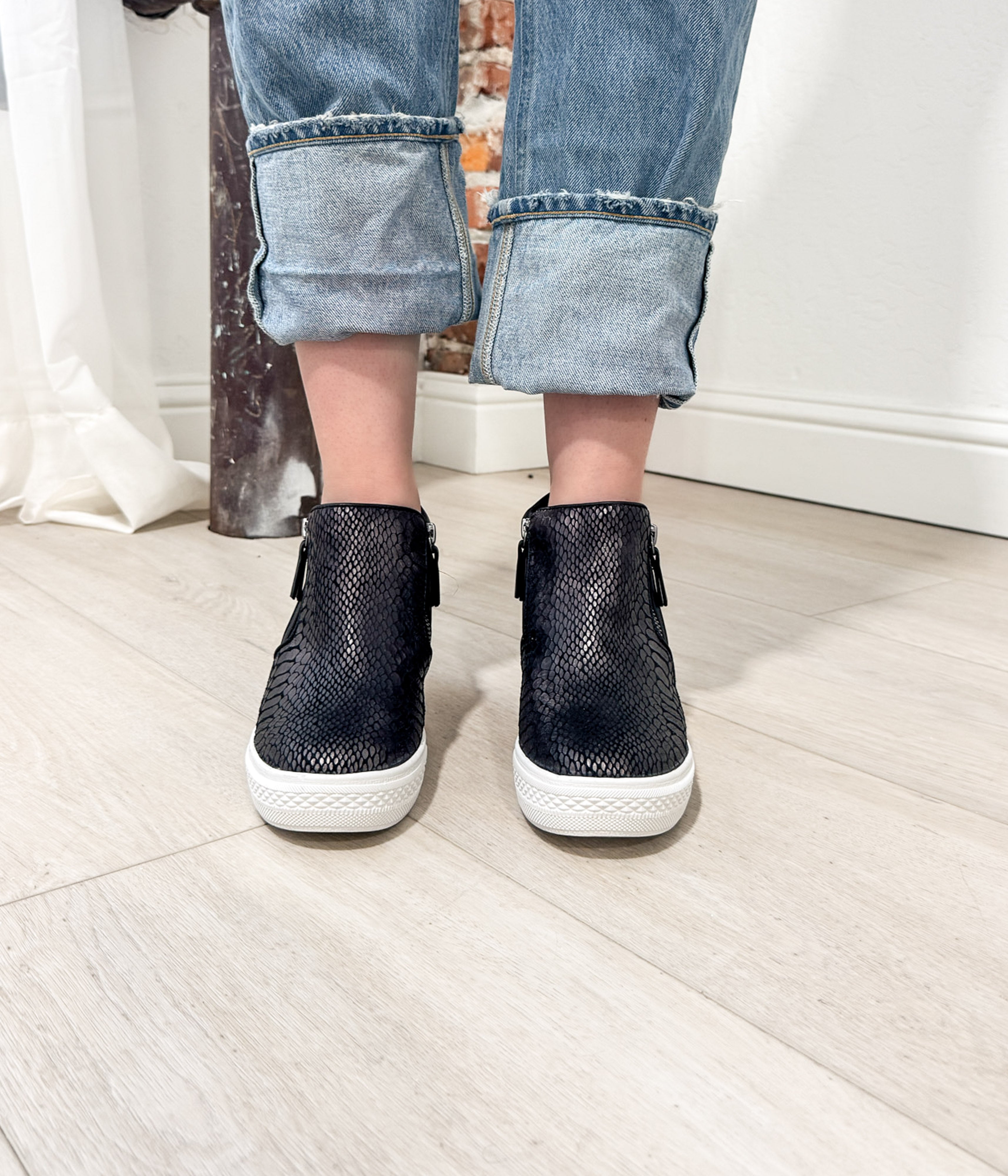 Timmibelle Wedge Sneaker Black Reptile Embossed Leather Naughty Monkey